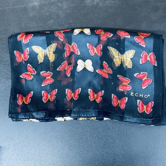 Echo Silk Scarf Womens Black Sheer Butterfly Print Long Rectangular Lightweight - Picture 1 of 6